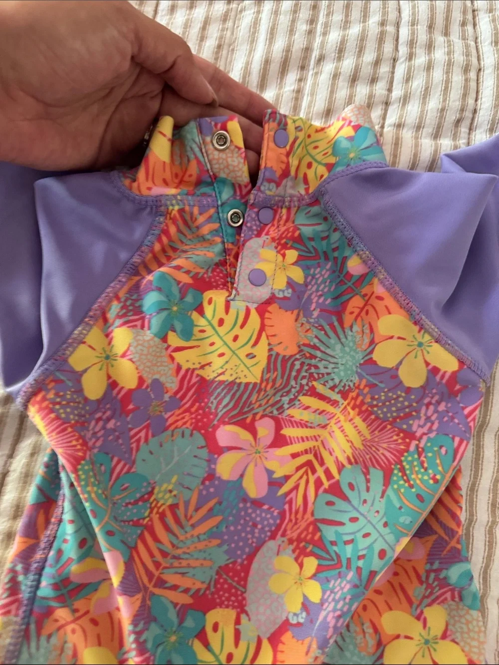 Purple Tropical Floral Girls Rashguard Swim Set with Hat